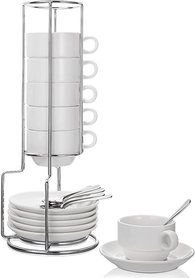 Aozita Espresso Cups and Saucers with Espresso Spoons, Stand Rack, 19-piece Porcelain Stackable E... | Amazon (US)