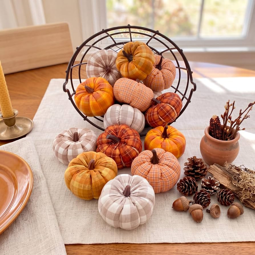 Fanfanwin 12 Pcs Fall Pumpkins Decor Vintage Plaid Fabric Pumpkins, 2 Sizes     Orange Mini Pumpk... | Amazon (US)
