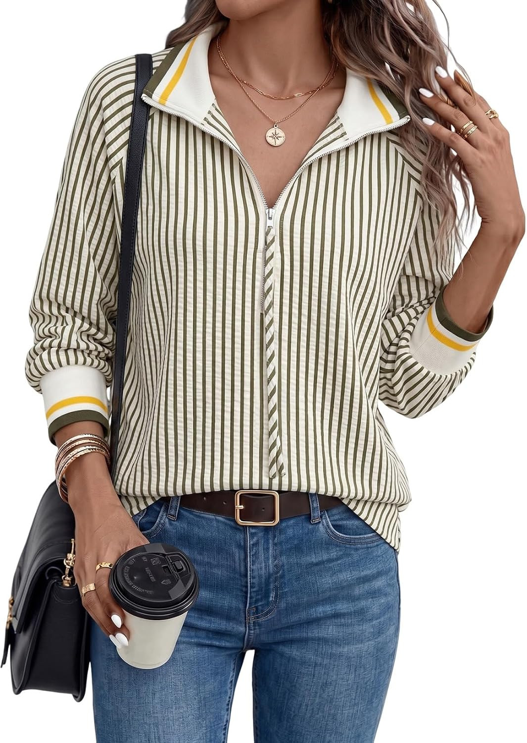 Dokotoo Women's 3/4 Sleeve Tops Striped Half Zip 2026 Fall Shirts Blouses | Amazon (US)