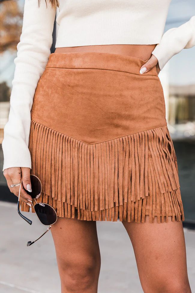 Forgotten Yesterday Camel Fringe Suede Skirt | The Pink Lily Boutique