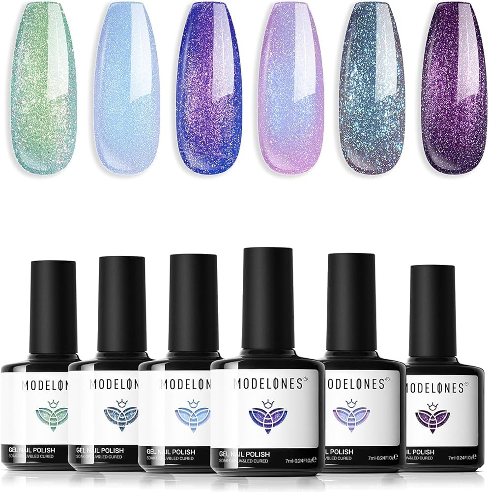 modelones Gel Nail Polish Set- 6 Colors 2026 Valentines Chameleon Aurora Shimmer Glitter Gel Poli... | Amazon (US)