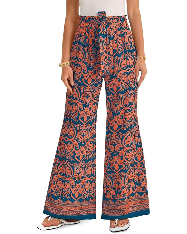 Yousify Women's Wide Leg Boho Pants High Waisted Printed Palazzo Pants Casual Flowy Tie Knot Vaca... | Amazon (US)