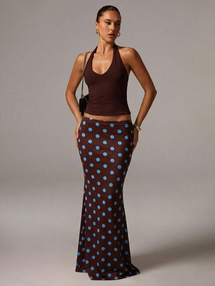 Avenya Knitted Polka Dot Print Fitted Elegant Skirt Dinner Date Wedding Guest Polka Dot Brown Sum... | SHEIN
