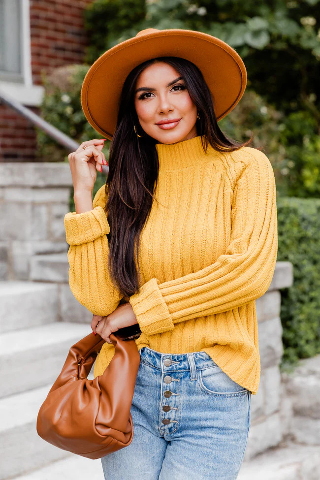 Letting You Go Mustard Chenille Turtleneck Sweater | Pink Lily