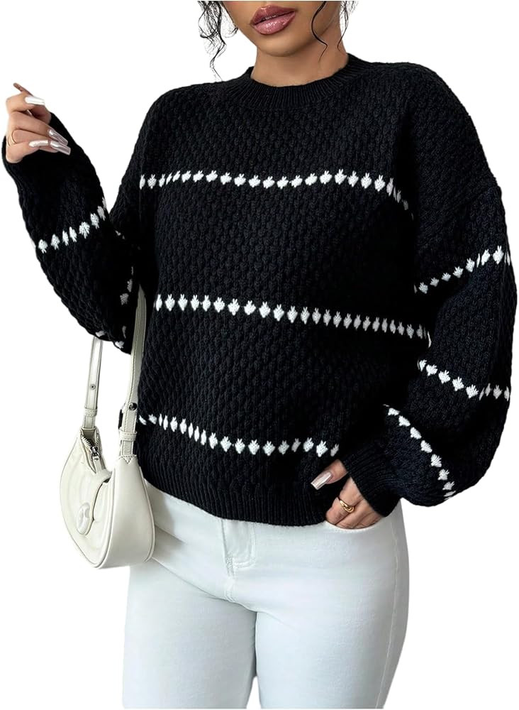 SHENHE Women's Oversized Sweater Striped Knitted Lantern Sleeve Baggy Pullover Sweaters Black and... | Amazon (US)