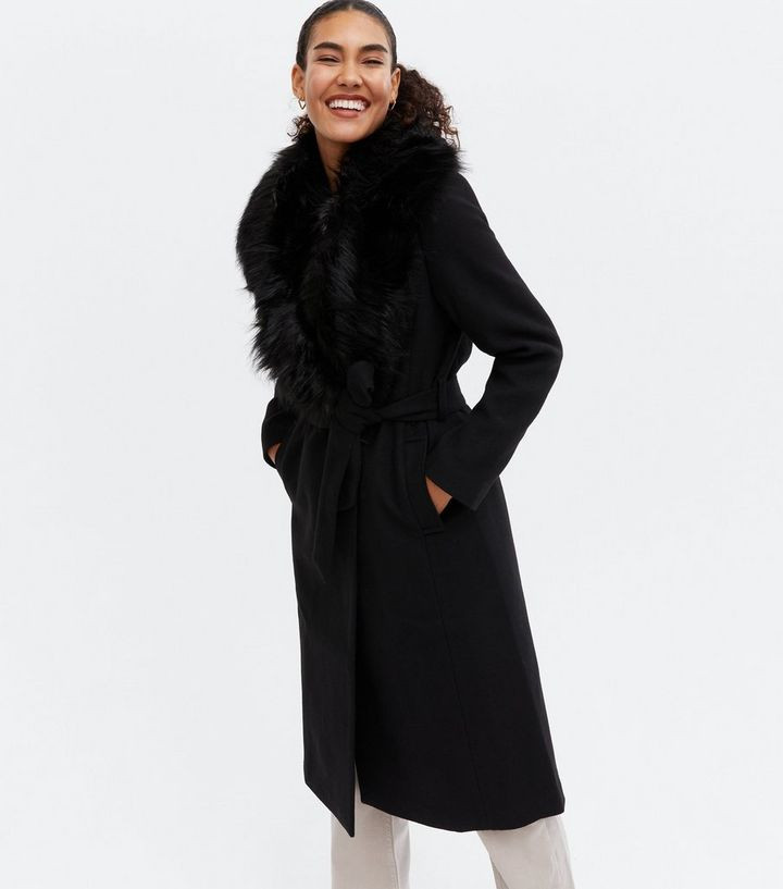 Black Faux Fur Collar Belted Formal Coat | New Look | New Look (UK)