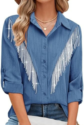 MYMORE Womens Sparkly Fringe Button Down Shirt Rolled 3/4 Sleeve Top Country Concert Nashville We... | Amazon (US)