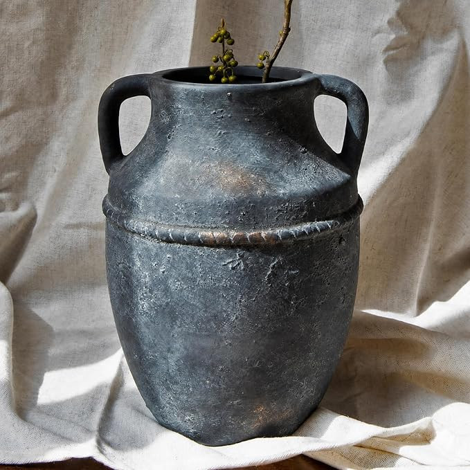 Ceramic Flower Vase Home Decor - 9 inch Farmhouse Rustic Vases, Vintage Pottery with Handles for ... | Amazon (US)
