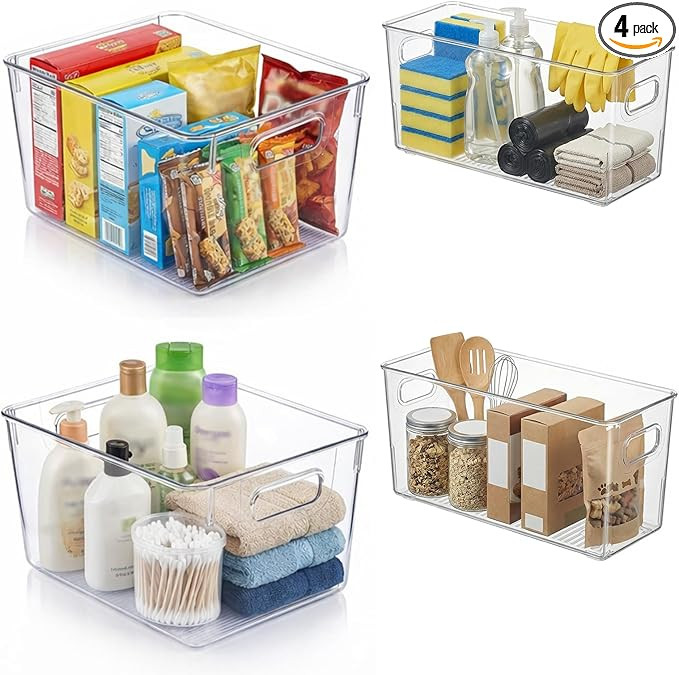 MOONEDGE 4 Pack Modular Clear Plastic Storage Organizer Bins – 2 Large & 2 Narrow, Nestable Spa... | Amazon (US)