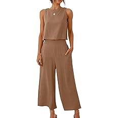 ANRABESS Women's Summer 2 Piece Outfits Sleeveless Crop Top Capri Wide Leg Pants Jumpsuit Linen L... | Amazon (US)