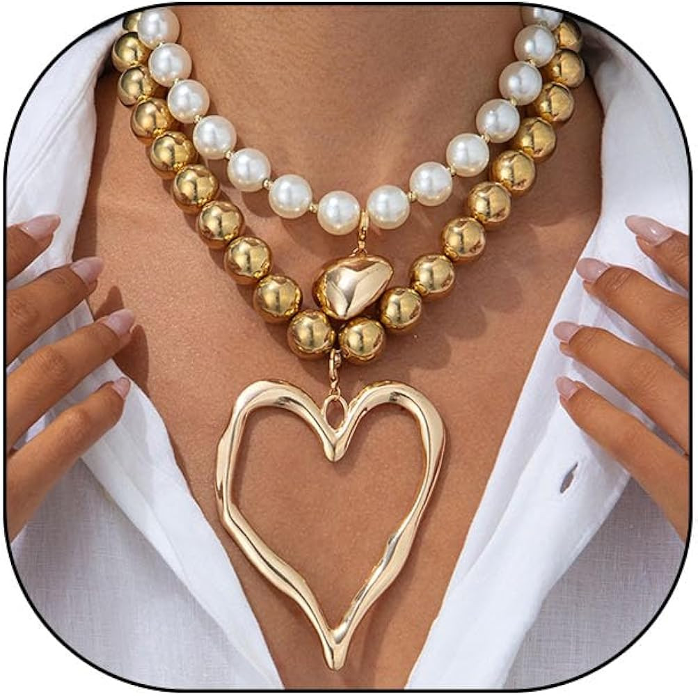 Y2k Large Hollow Heart Necklaces for Women Big Chunky Heart Pendant Necklace Exaggerated Layered ... | Amazon (US)