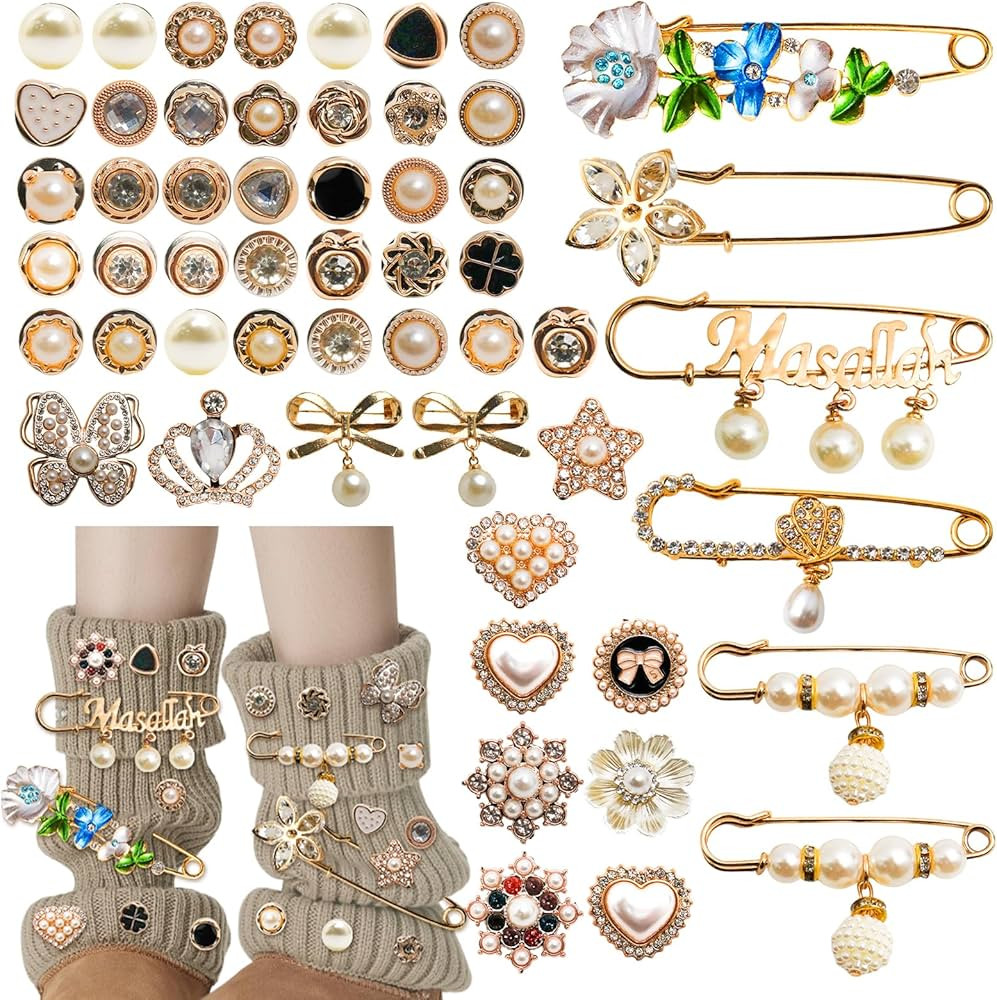 54 Pcs Charms for Socks Junk Sock Charms Pearl Brooch Safety Pins, Gold Bling Sock Charms Accesso... | Amazon (US)