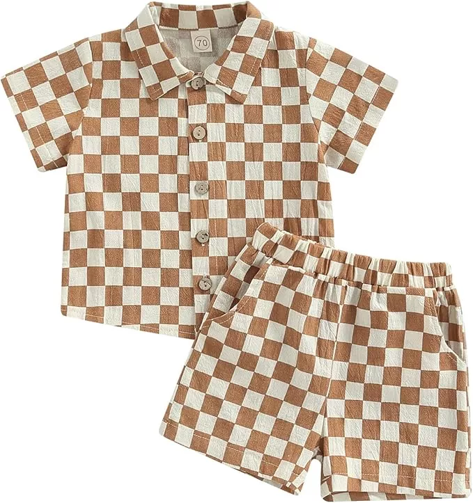 Newborn Baby Boys Jumpsuit Checkerboard Plaid Print Short Sleeve