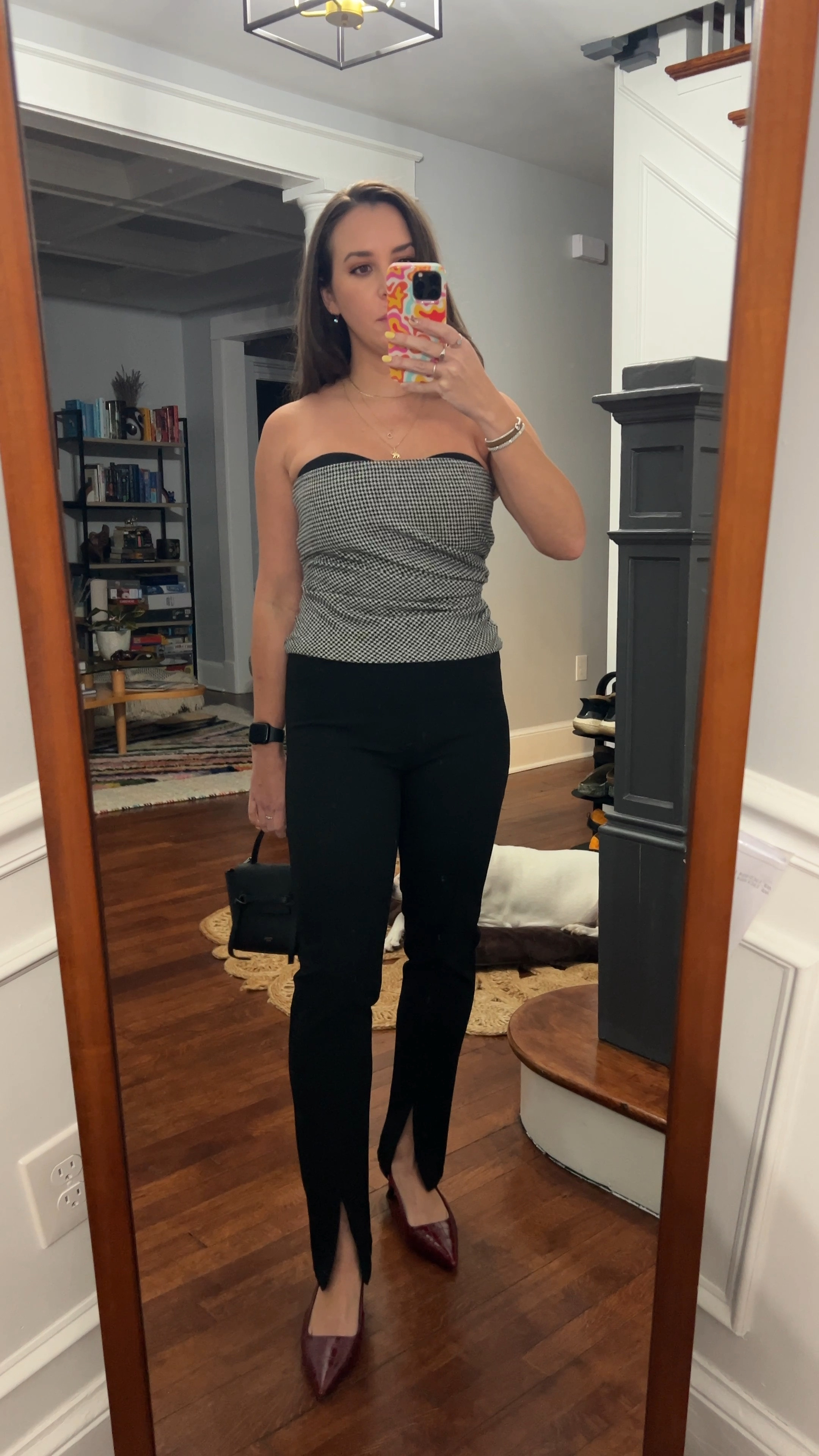 Houndstooth. Strapless. Going out top. Date night. Valentine’s Day outfit. Split hem pants. Favorite daughter. Reformation. Red shoes. Kitten heels. Style. Outfit. Vince. 

#LTKSaleAlert #LTKWatchNow #LTKPets