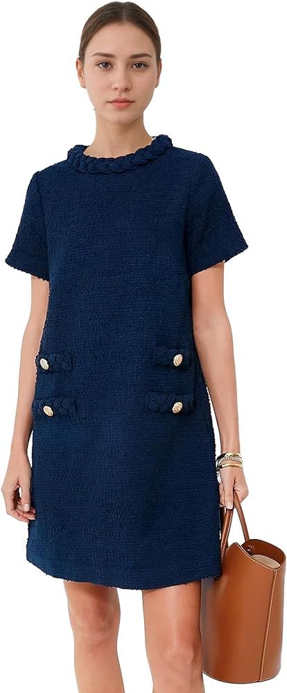 Women's Tweed Jackie Dress Casual Short Sleeves Business Party Vintage Work Mini Dress | Amazon (US)