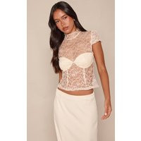 Cream Lace Short Sleeve High Neck Top | PrettyLittleThing US
