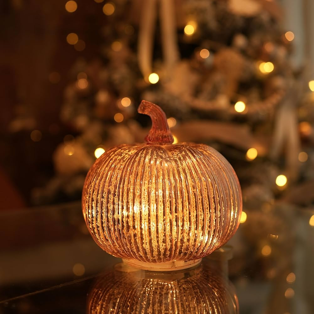 Rosegold Thanksgiving Decorative Artificial Pumpkins-Mercury Glass Light up Pumpkin with Timer- T... | Amazon (US)