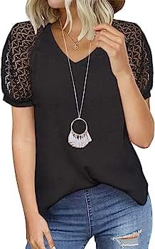 Women's Lace Short Sleeve V Neck Shirts Loose Casual Tops Tee Shirt | Amazon (US)