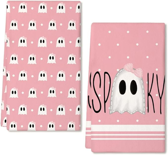 ARKENY Halloween Kitchen Dish Towels Set of 2,Pink Ghost Bowknot 18x26 Inch Drying Dishcloth,Farm... | Amazon (US)