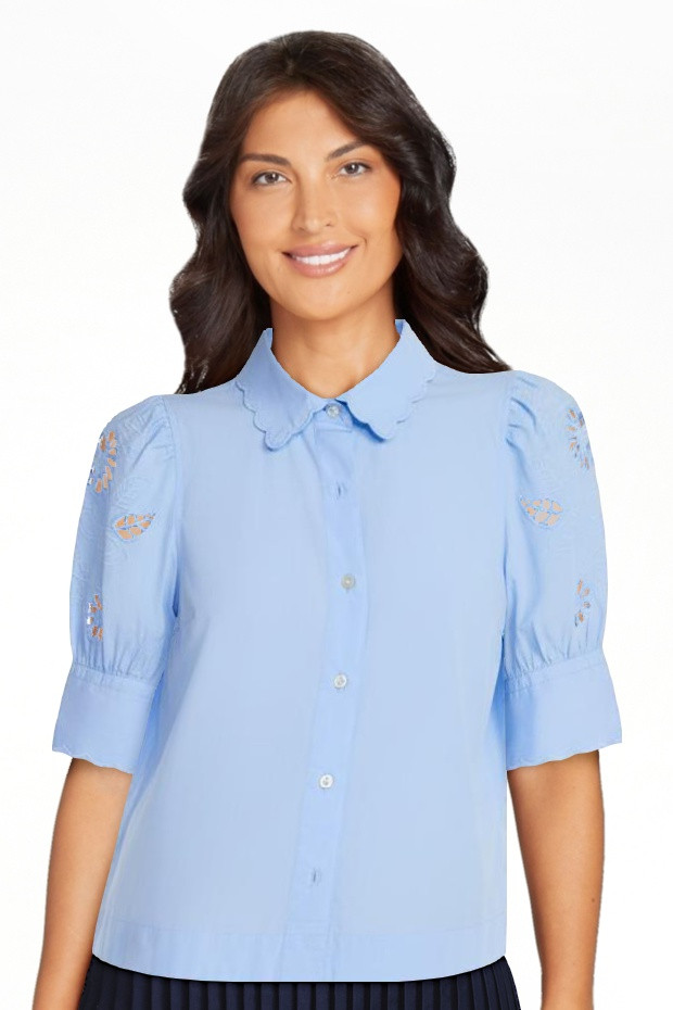 Free Assembly Women's and Women's Plus Cotton Eyelet Button Front Shirt with Short Sleeves, Sizes... | Walmart (US)