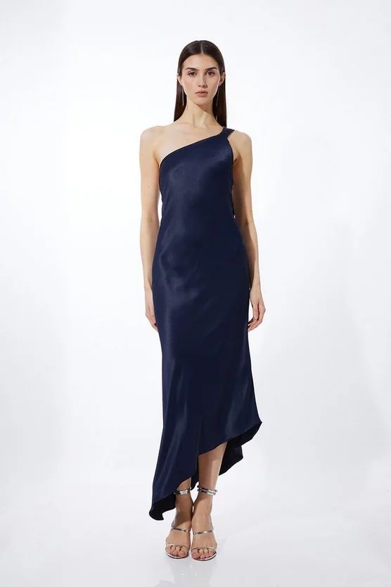 Satin Back Crepe Tailored One Shoulder Chain Detail Asymmetric Midaxi Dress | Karen Millen US