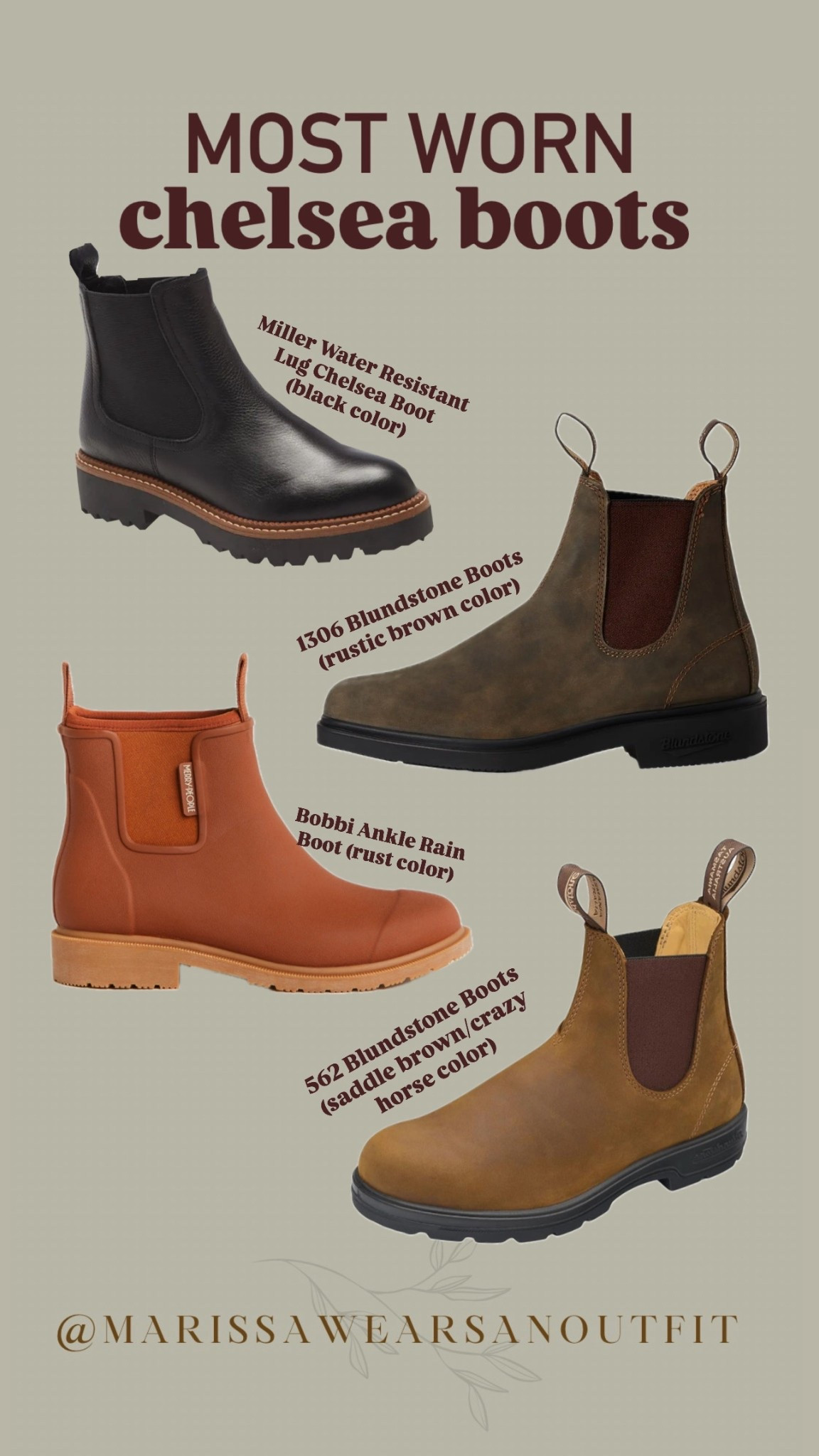 Miller Water Resistant Lug Chelsea Boot (black color)—I wear 6.5 and they’re true to size (I sized up a 1/2 size but probably didn’t need to—although the half size is nice for thicker socks)

1306 Blundstone Boots (rustic brown color)—I wear 6 and they’re true to size 

Bobbi Ankle Rain Boot (rust color)—I wear 6 and they’re true to size

562 Blundstone Boots (saddle brown/crazy horse color)—I wear 6.5 and sized up a 1/2 size and would reccomend sizing up a 1/2 size


——————
It’s not a bad idea to go up a half size in Chelsea boots to be able to wear thicker socks!  

#LTKSaleAlert #LTKGiftGuide #LTKHoliday