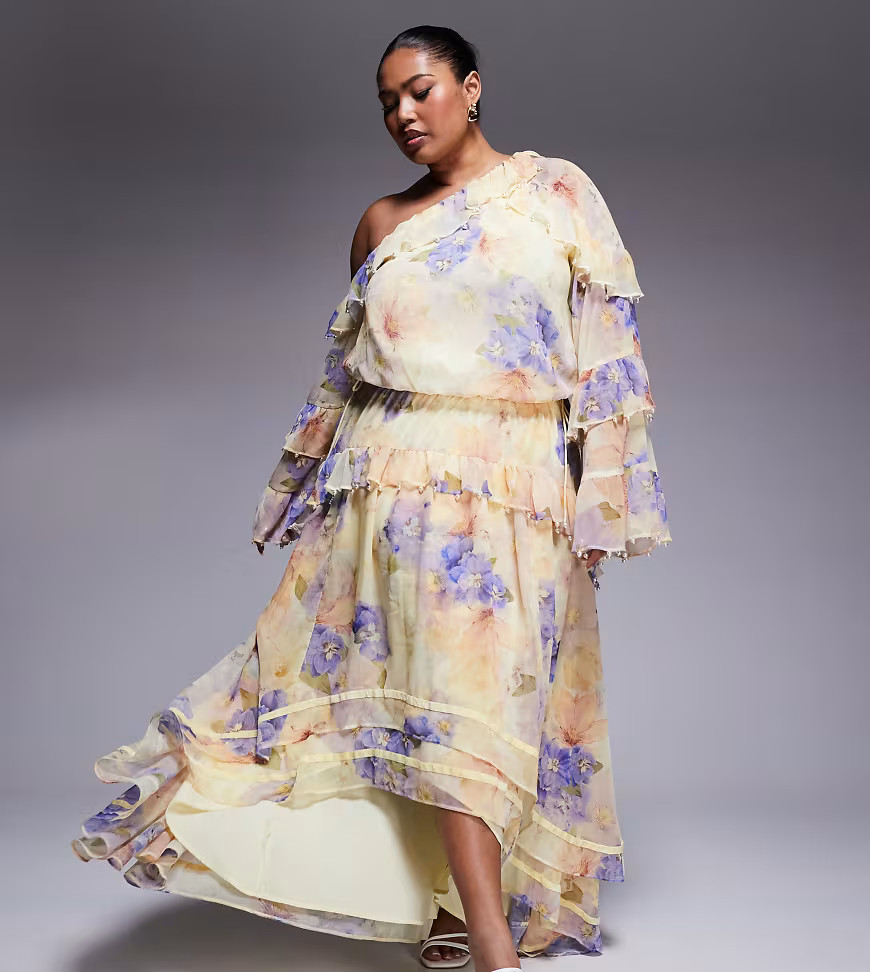 ASOS LUXE Curve pearl embellished chiffon exaggerated maxi dress in floral print-pink | ASOS (Global)