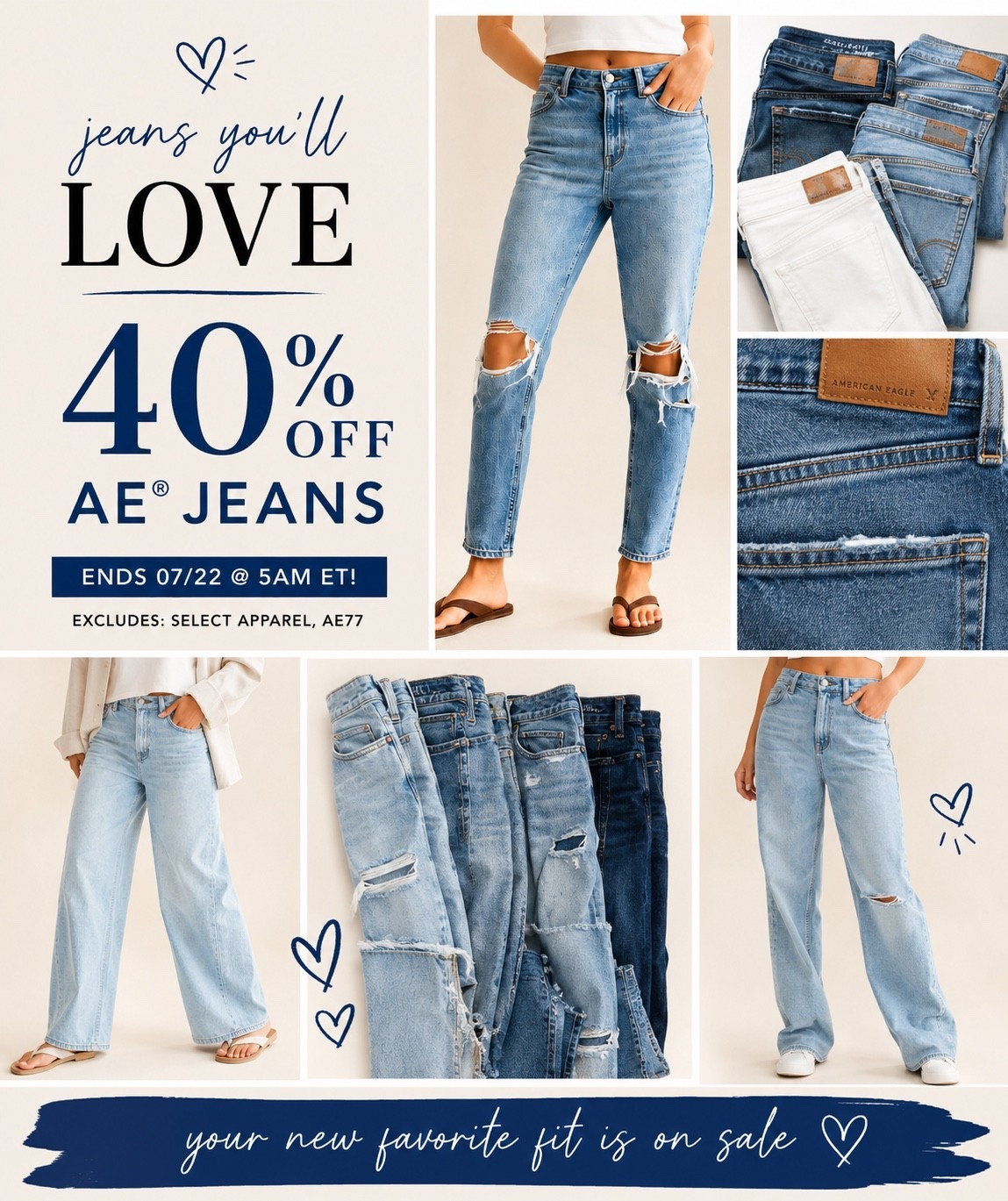 🚨 40% OFF AE® Jeans is happening NOW! 👖✨
If you've been waiting to stock up on your favorite American Eagle denim, this is your sign! From everyday classics to trending fits, now's the perfect time to grab your favorites before this sale ends. Don't wait—sizes always go fast!
🛍️ 40% OFF AE® Jeans
⏰ Ends 7/22 at 5:00 AM ET
Excludes select apparel & AE77.
Shop all my favorite AE picks through my LTK before they're gone! 💙
#LTKSale #LTKStyle #LTKFinds #AmericanEagle #AEJeans #DenimLover #JeanObsessed #BackToSchoolStyle #FallFashion #EverydayStyle #CasualStyle #OOTD #FashionDeals #SaleAlert #ShopTheLook #StyleInspo #AffordableFashion #WardrobeStaples #TrendingNow #LTKFashion