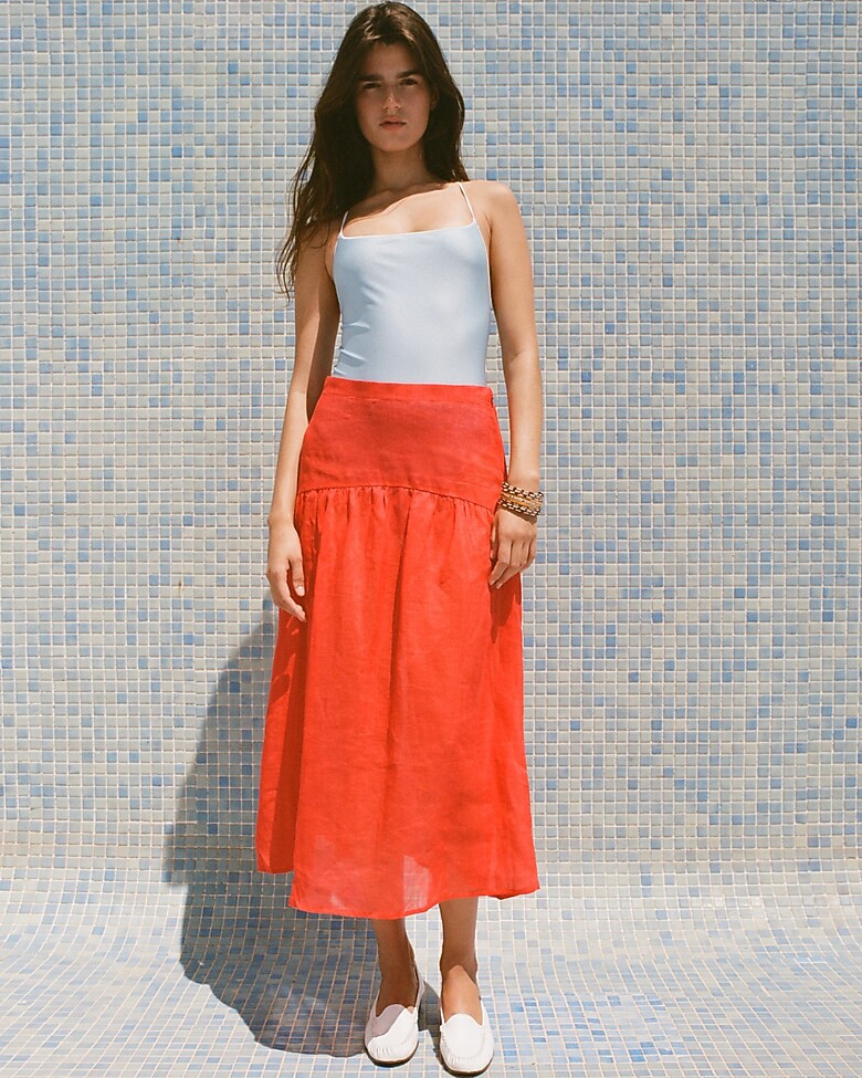 Maryam Nassir Zadeh X J.Crew drop-waist midi skirt in ramie | J. Crew US