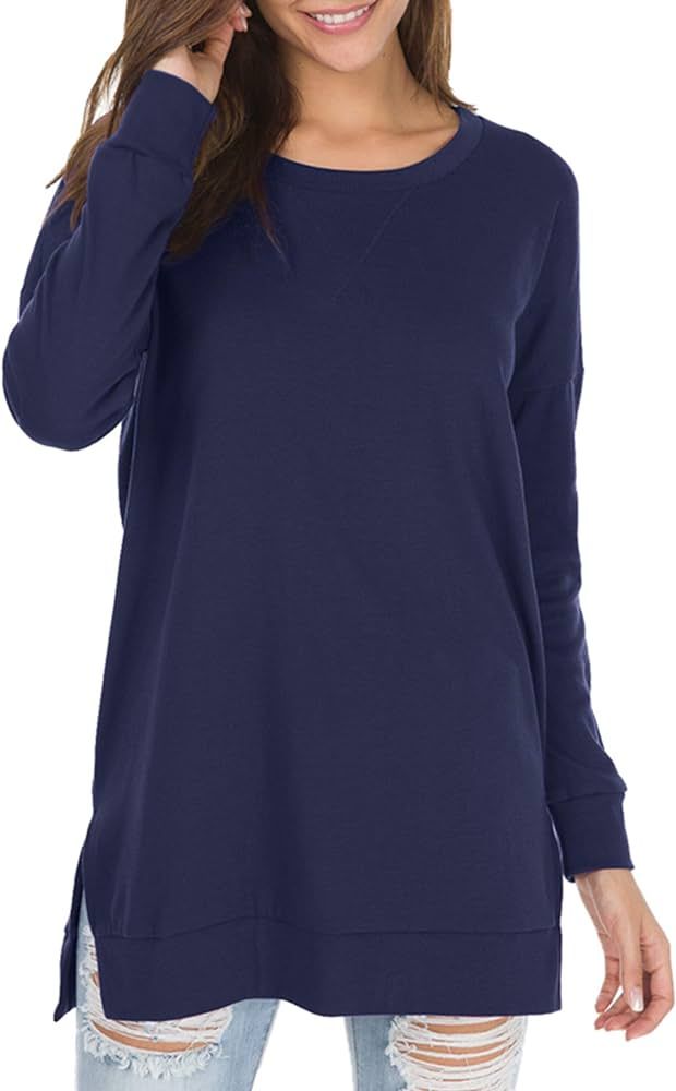 levaca Women's Fall Long Sleeve Side Split Loose Blouses Casual Pullover Tunic Tops | Amazon (US)