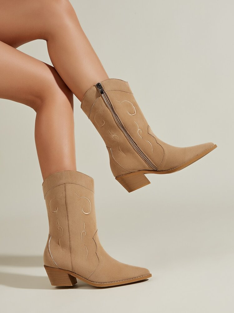 Women Zip Side Embroidered Detail Western Boots, Elegant Outdoor Faux Suede Cowboy Boots | SHEIN
