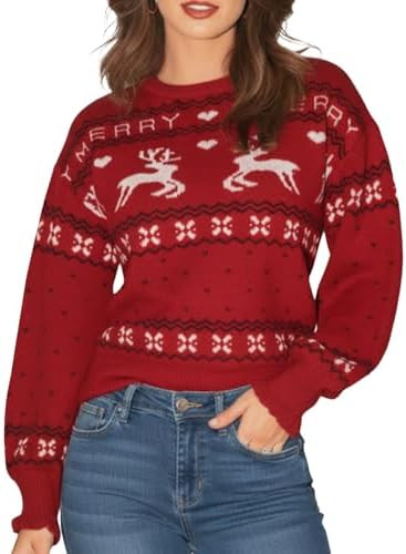 CUPSHE Christmas Sweaters for Women Ugly Xmas Crew Neck Knitted Pullover Long Sleeve Cute Tops | Amazon (US)
