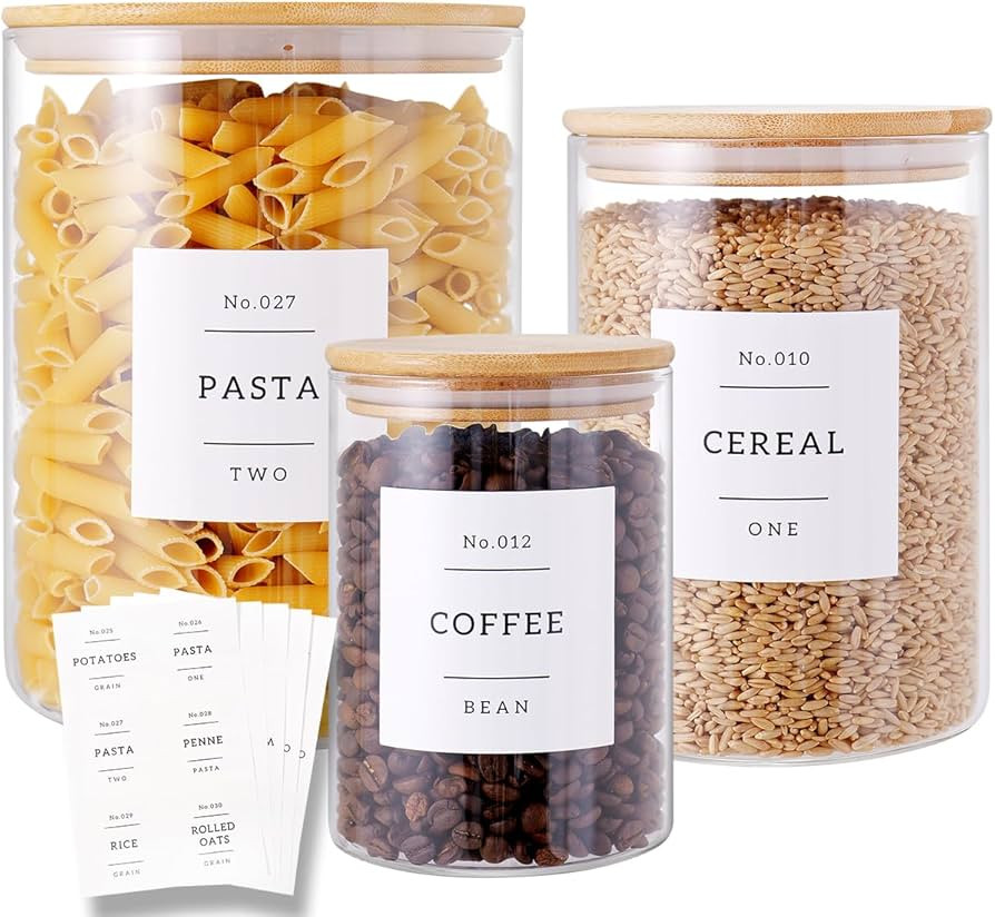 3 Pcs Glass Canisters with Airtight Bamboo Lids and 42 Kitchen Pantry Labels Preprinted - Clear G... | Amazon (US)