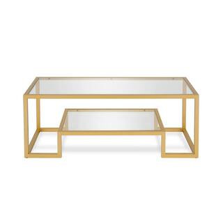 Athena 45 in. Brass/Clear Rectangle Glass Top Coffee Table with Shelf | The Home Depot