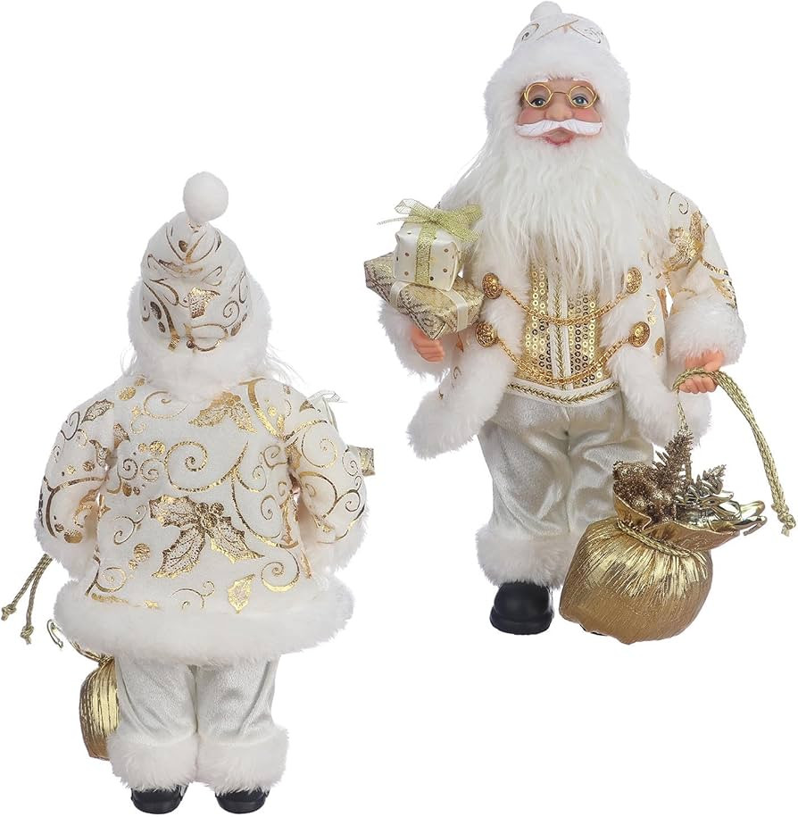 13" Christmas Santa Claus Figurines Decorations Gold/White Standing Santa Statue Holding Berry Re... | Amazon (US)