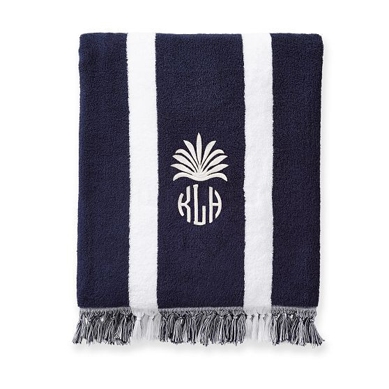 Classic Stripe Beach Towel, Set of 4, Navy, Monogrammed | Mark and Graham