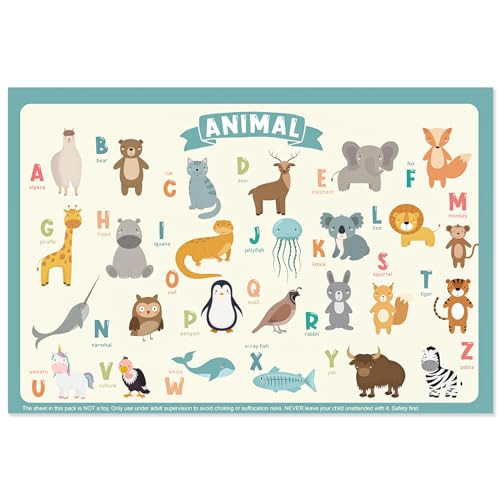 60 Pack Disposable Placemats for Baby & Toddle, Sticky Kids Placemat for Picnic Table, Party, Travel, 12" x 18" Restaurant Table Mats, Animal Alphabet Theme | Amazon (US)