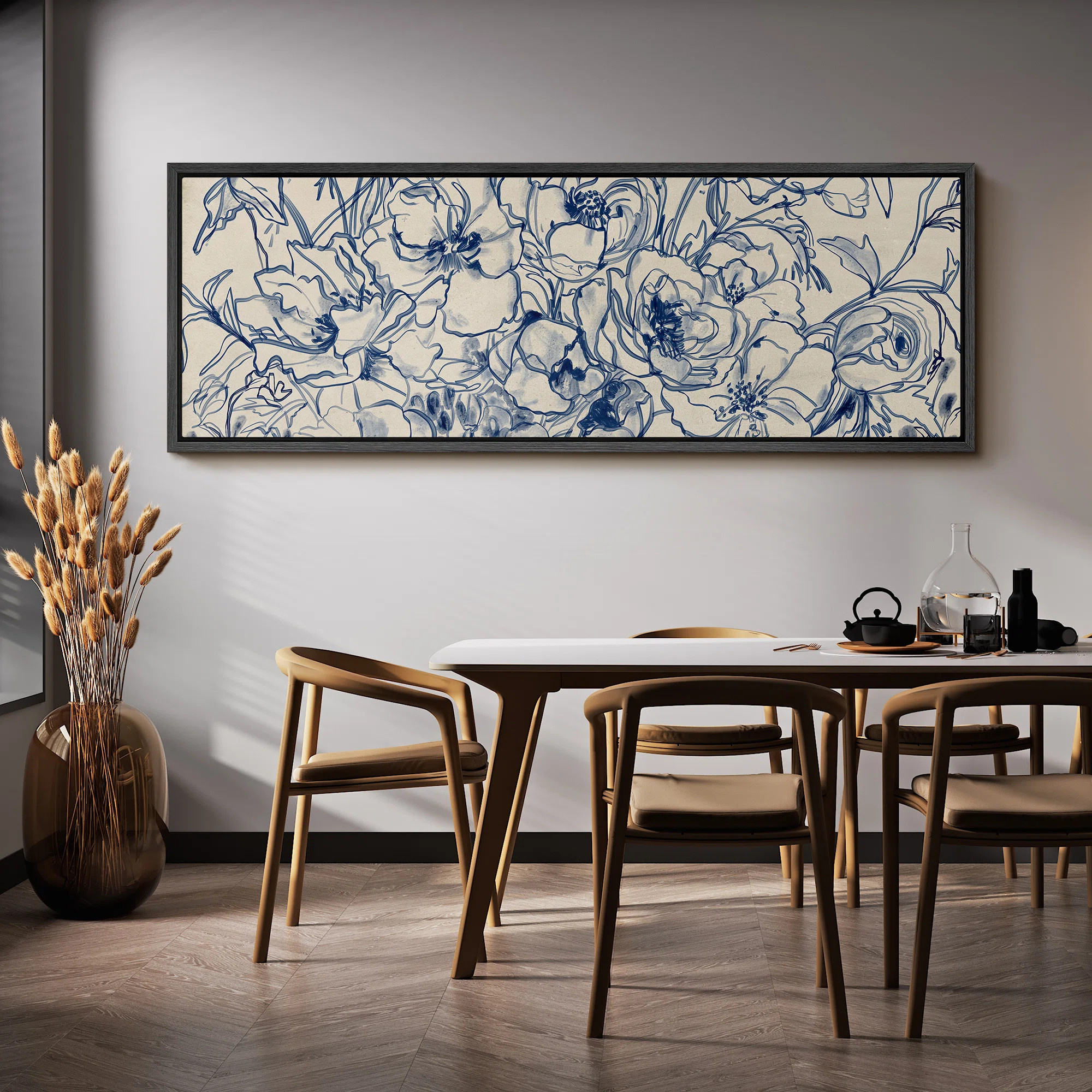 Navy Blue Abstract Flower Artwork Modern Boho Extra Large Pictures Framed Canvas Print Wall Art | Wayfair North America