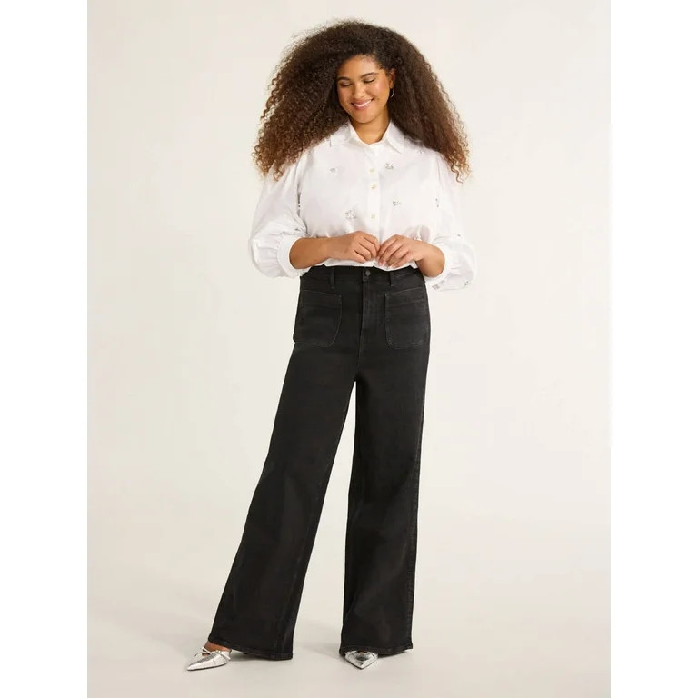 Free Assembly Women’s and Women's Plus Size Patch Pocket Wide Leg Jeans, 32” Inseam, Sizes 0-... | Walmart (US)