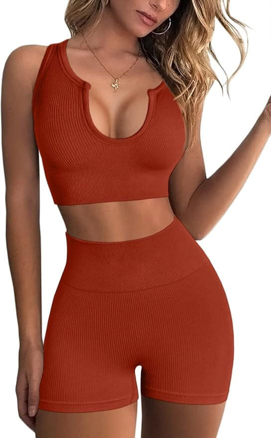 QINSEN Seamless Workout Sets for Women Ribbed Sport Bra High Waist Running Shorts Gym 2 Piece Yog... | Amazon (US)