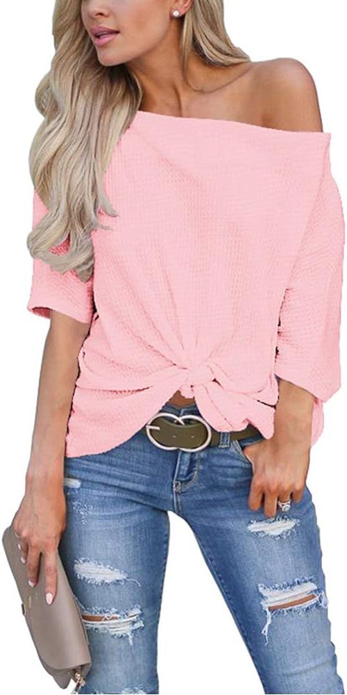 Women's Waffle Knit Off The Shoulder Tops Knot Batwing Shirt Tunic Blouse | Amazon (US)