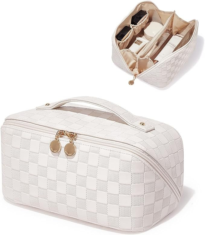 EACHY Travel Makeup Bag,Large Capacity Cosmetic Bags for Women,Waterproof Portable Pouch Open Fla... | Amazon (US)