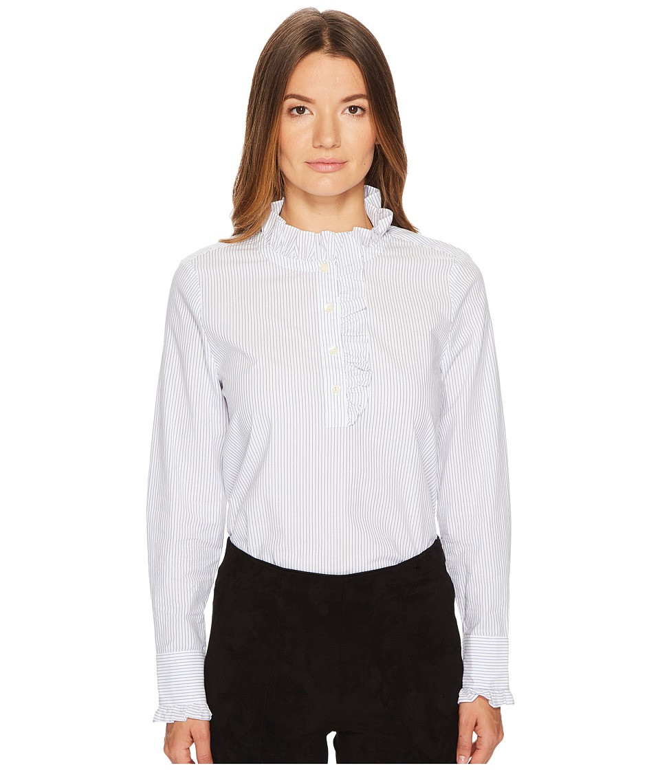 Kate Spade New York - Stripe Ruffle Neck Poplin Shirt (Fresh White/Deep Ultramarine) Women's Clothing | 6pm