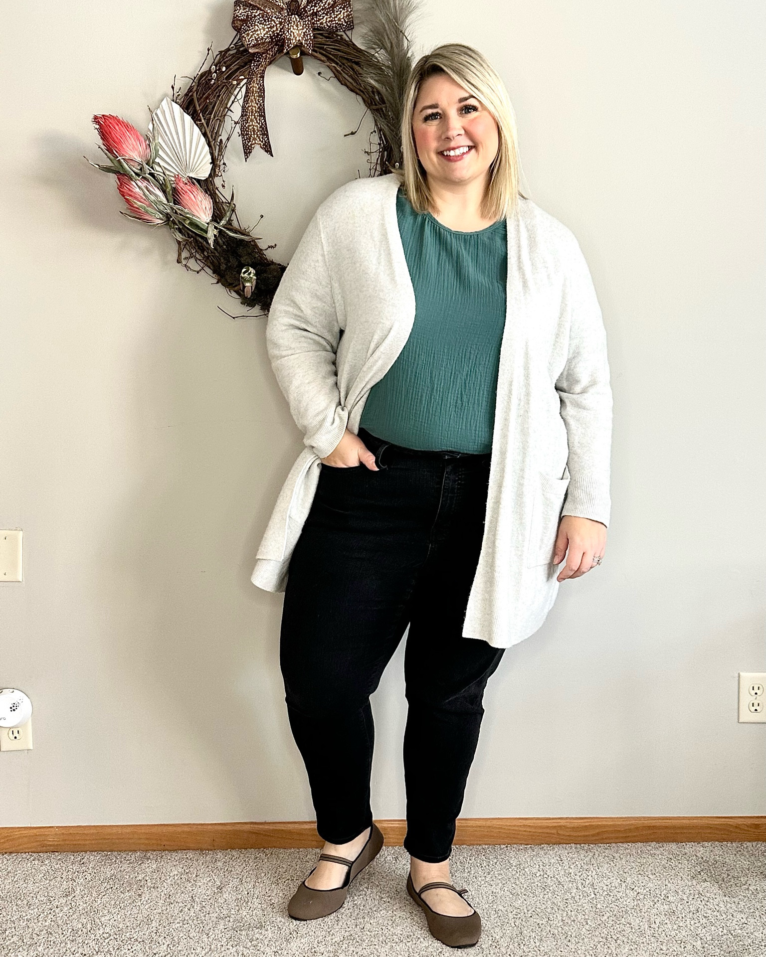 casual social event look: top, cardigan, dark denim, comfy shoes (Rothy’s), hoop earrings 

#LTKFind #LTKcurves #LTKunder100