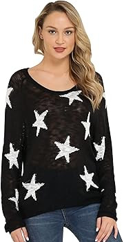 Pink Queen Womens Loose Star Sweater Long Batwing Sleeve V Neck Knitted Pullover Tops | Amazon (US)