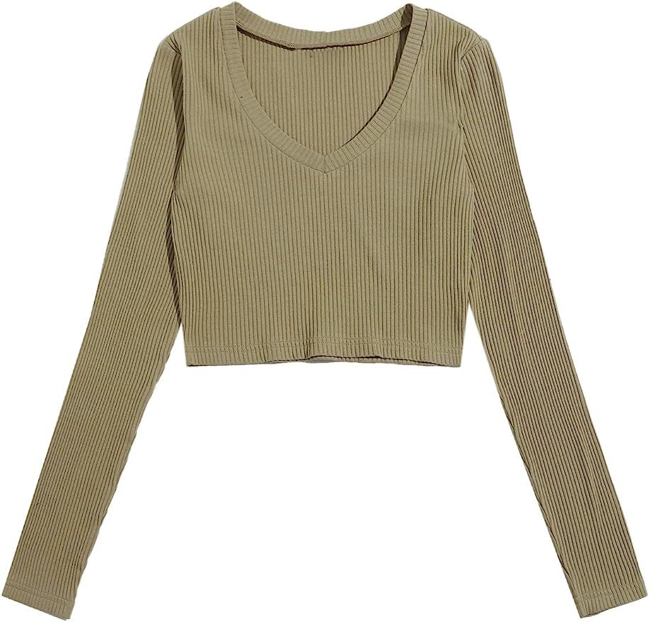 SweatyRocks Women's Casual Solid Long Sleeve V Neck T-Shirt Crop Top | Amazon (US)