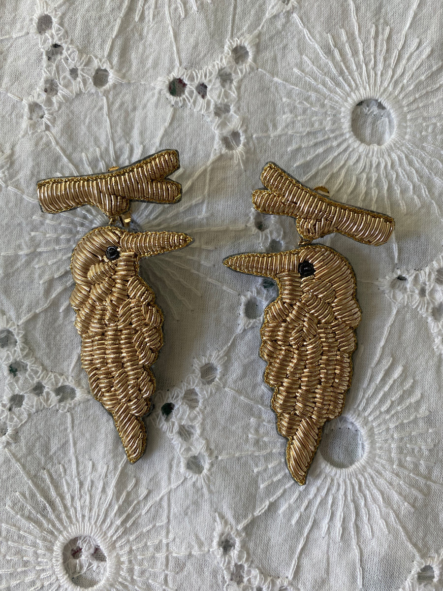 In Stock Now - Hand Embroidered Gold Hummingbird Earring (Flat Back Cl | SUE SARTOR