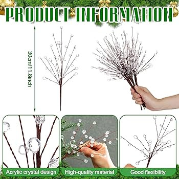 Chengu 8 Pcs Acrylic Crystal Christmas Tree Picks, 11.8 Inch Tall Sparkly Flower Stem Branches wi... | Amazon (US)