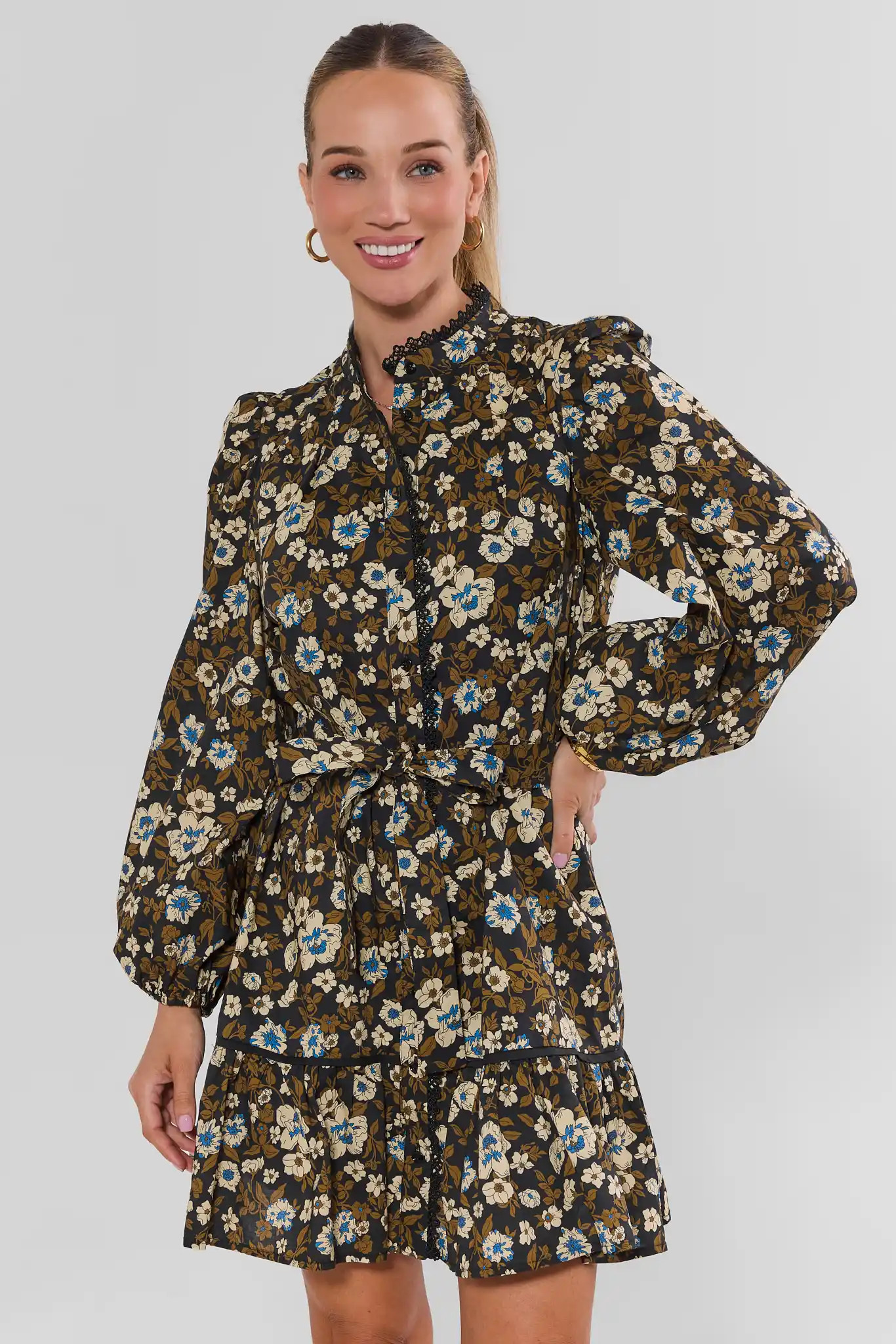 Black Floral Lace Trim Short Dress | Avara