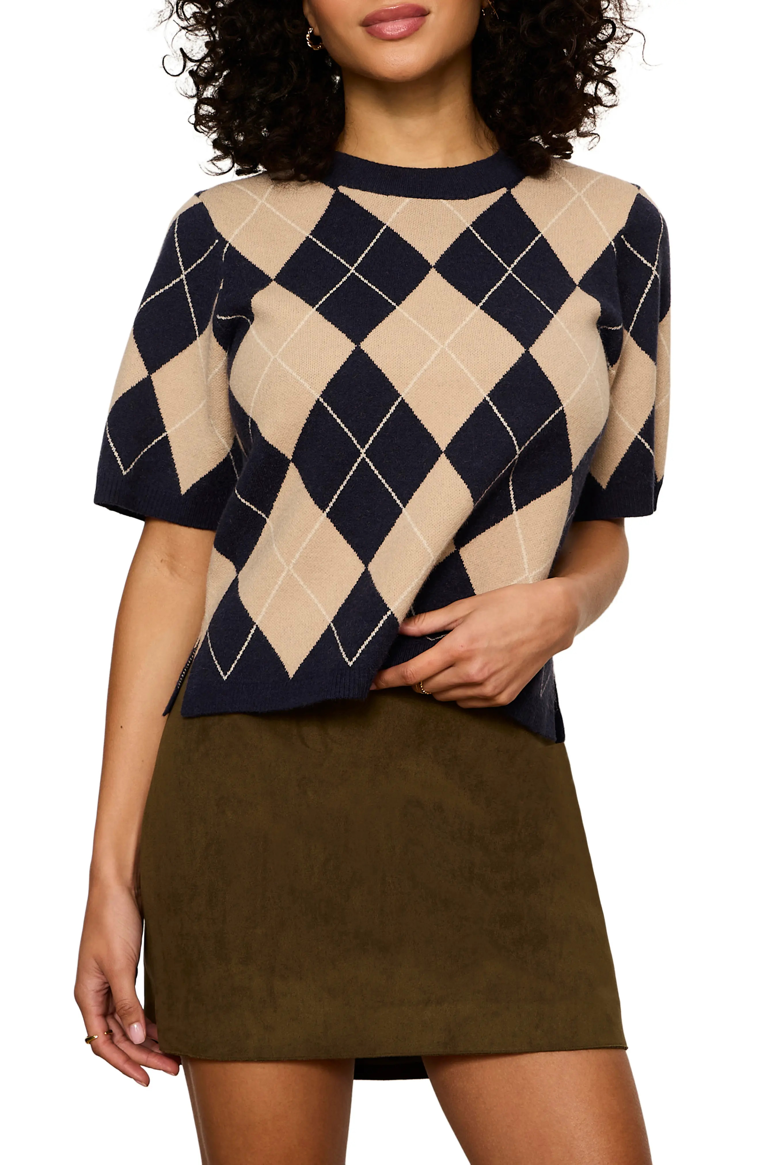 Sanctuary Perfect Short Sleeve Sweater in Loma Argyle Blue at Nordstrom, Size X-Large | Nordstrom